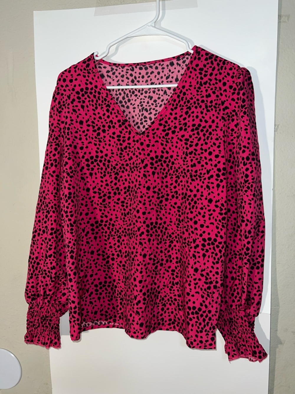 SHEIN Hot Pink V-Neck Long Sleeve Blouse with Black Spot Print